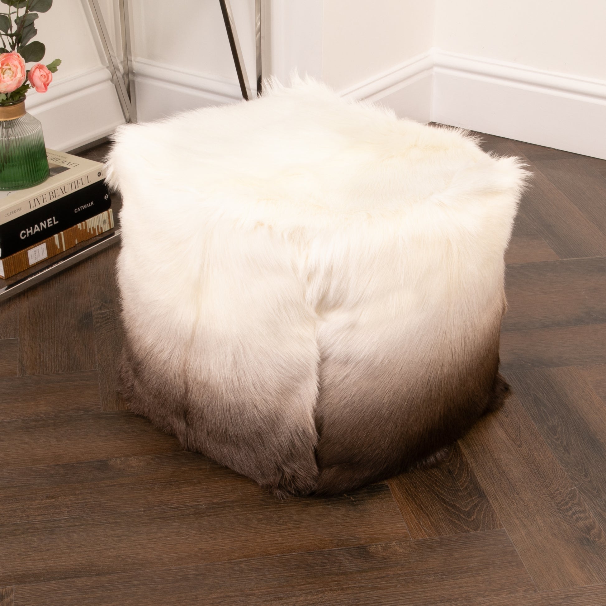 Ivory / Brown Goatskin Ombre Pouf 40x40x40cm - CasaFenix