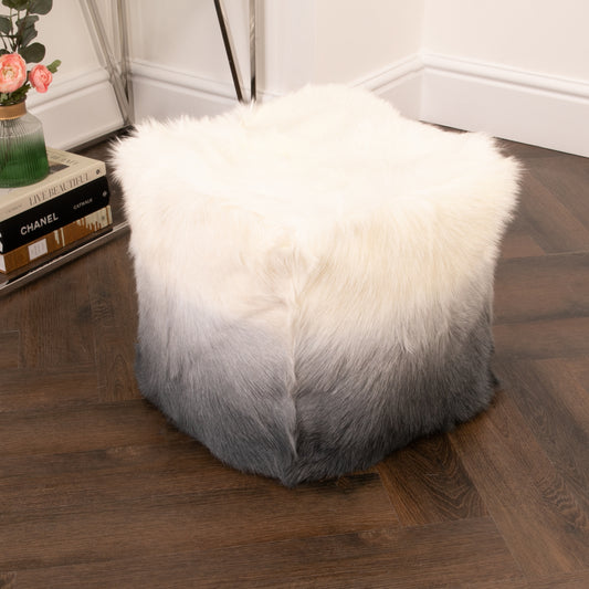 Ivory / Charcoal Goatskin Ombre Pouf 40x40x40cm - CasaFenix