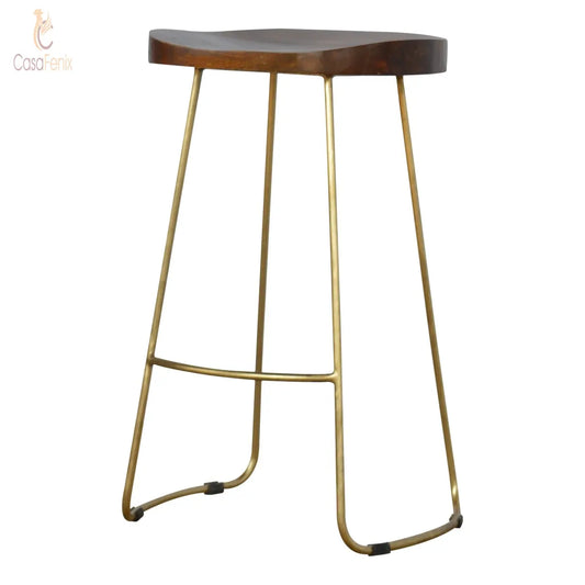 Gold Iron Bar Stool Chestnut Finished Solid Mango Wood - CasaFenix