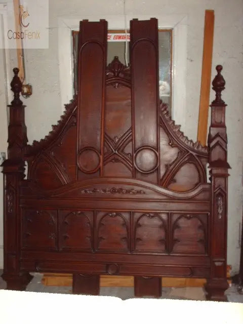 Gothic Style Solid Mahogany Bed Ecclesiastical Design - CasaFenix