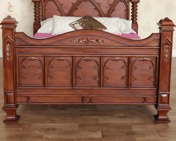 Gothic Style Solid Mahogany Bed Ecclesiastical Design - CasaFenix