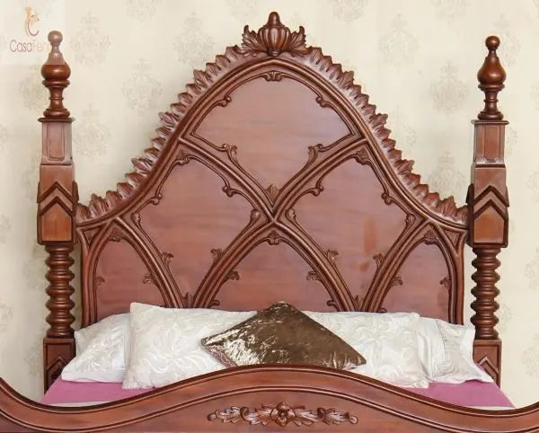 Gothic Style Solid Mahogany Bed Ecclesiastical Design - CasaFenix