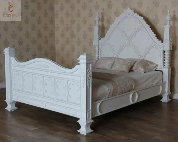 Gothic Style Solid Mahogany Bed Ecclesiastical Design - CasaFenix