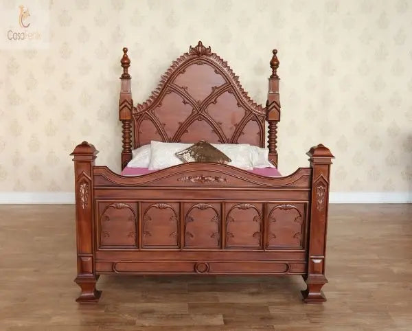 Gothic Style Solid Mahogany Bed Ecclesiastical Design - CasaFenix