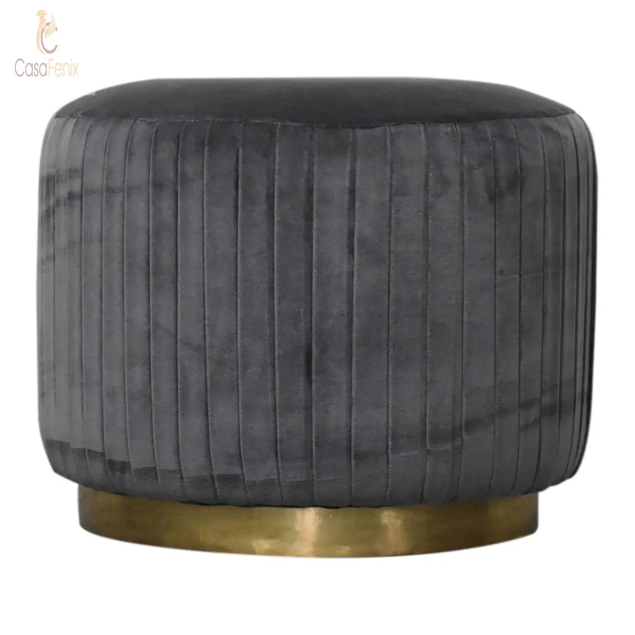 Grey Cotton Velvet Pleated Footstool with Gold Base - CasaFenix