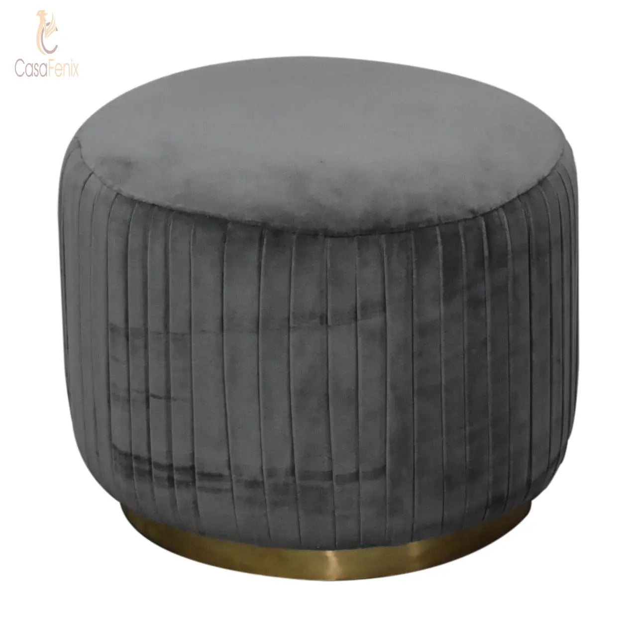 Grey Cotton Velvet Pleated Footstool with Gold Base - CasaFenix