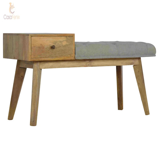 Grey Tweed Upholstered Bench with 1 Drawer 100% solid mango wood - CasaFenix