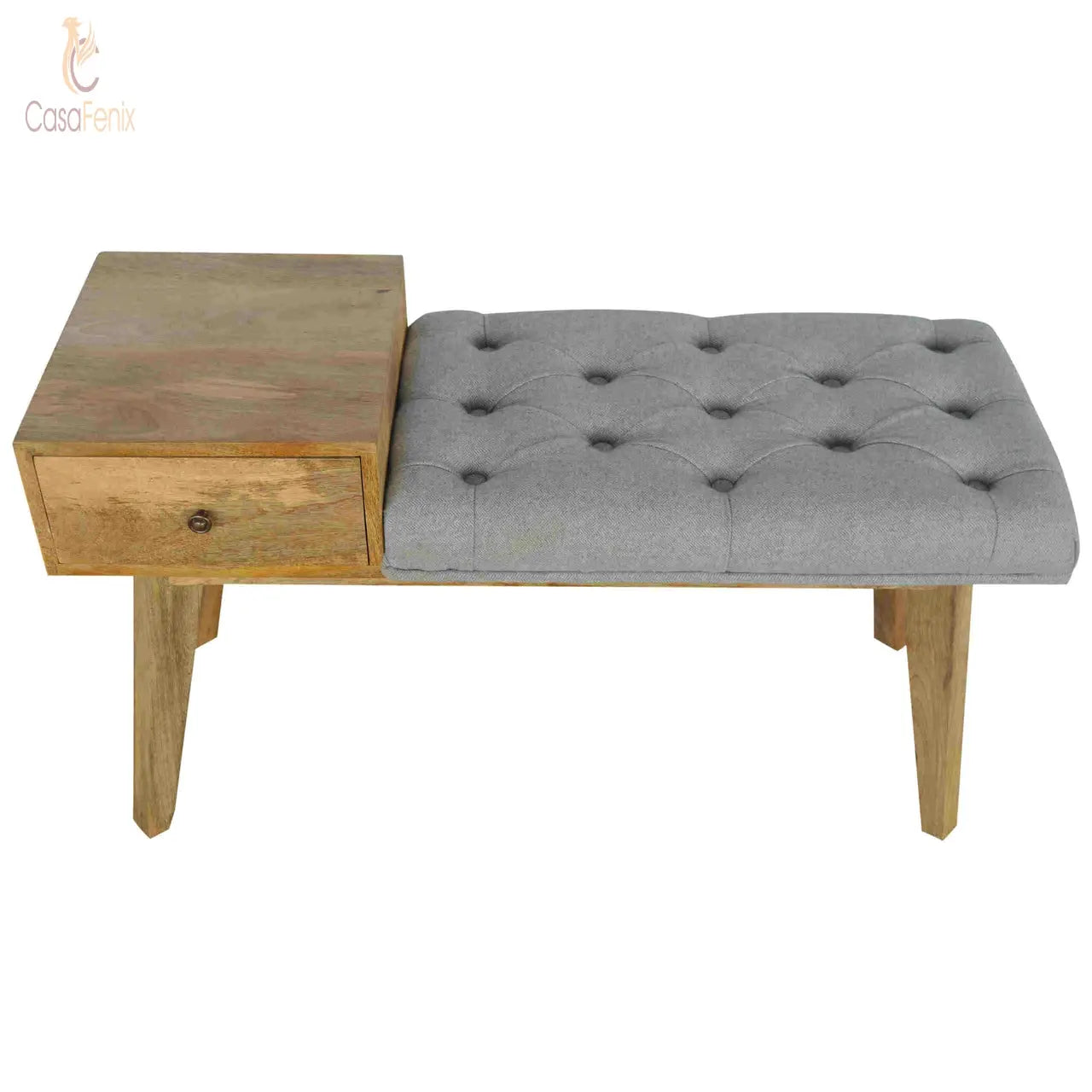 Grey Tweed Upholstered Bench with 1 Drawer 100% solid mango wood - CasaFenix