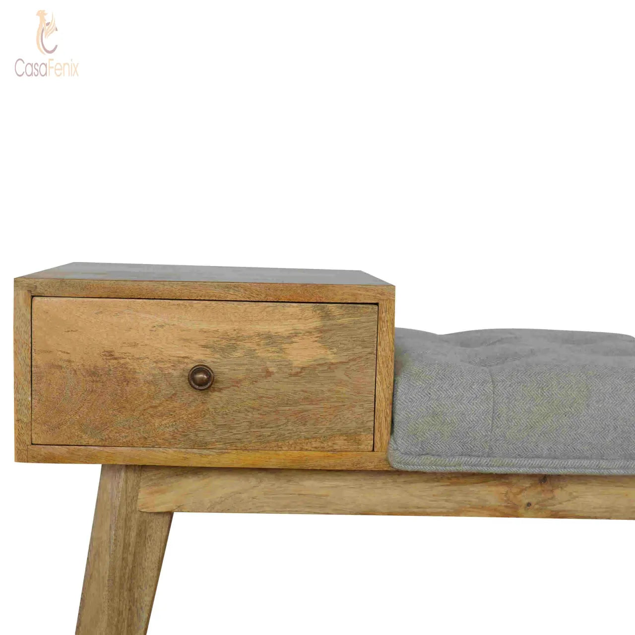 Grey Tweed Upholstered Bench with 1 Drawer 100% solid mango wood - CasaFenix