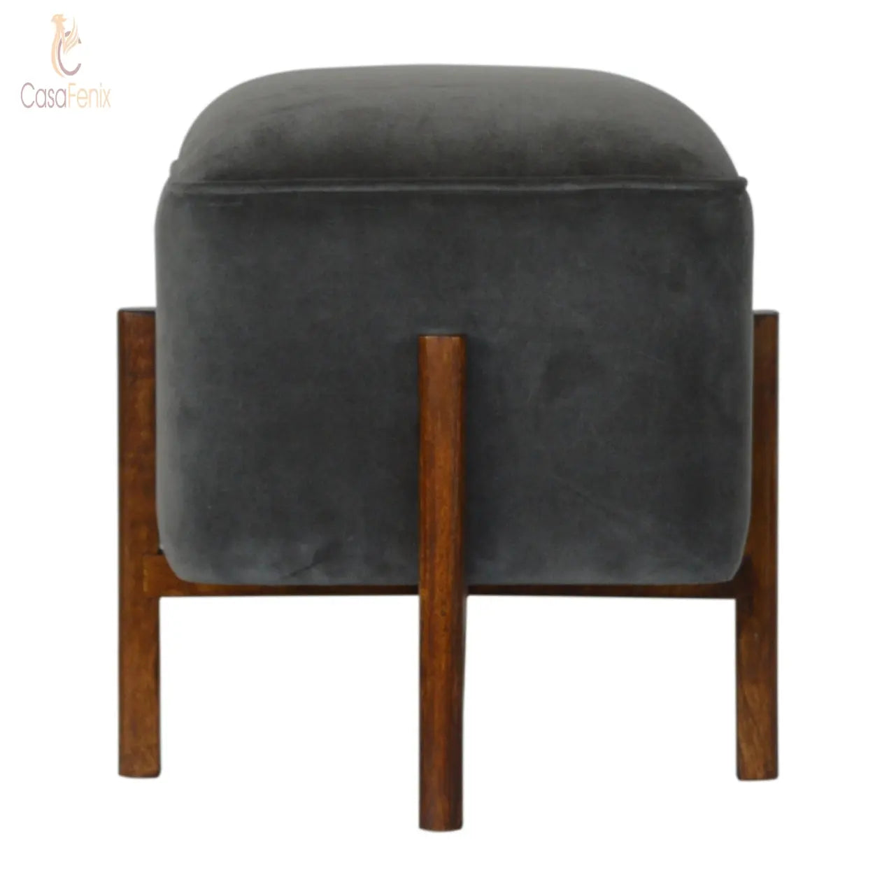 Grey Velvet Footstool with Solid Wood Legs 100% solid mango woo - CasaFenix