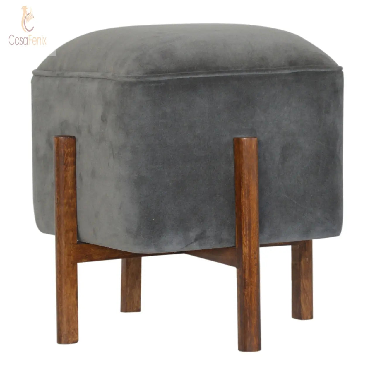 Grey Velvet Footstool with Solid Wood Legs 100% solid mango woo - CasaFenix
