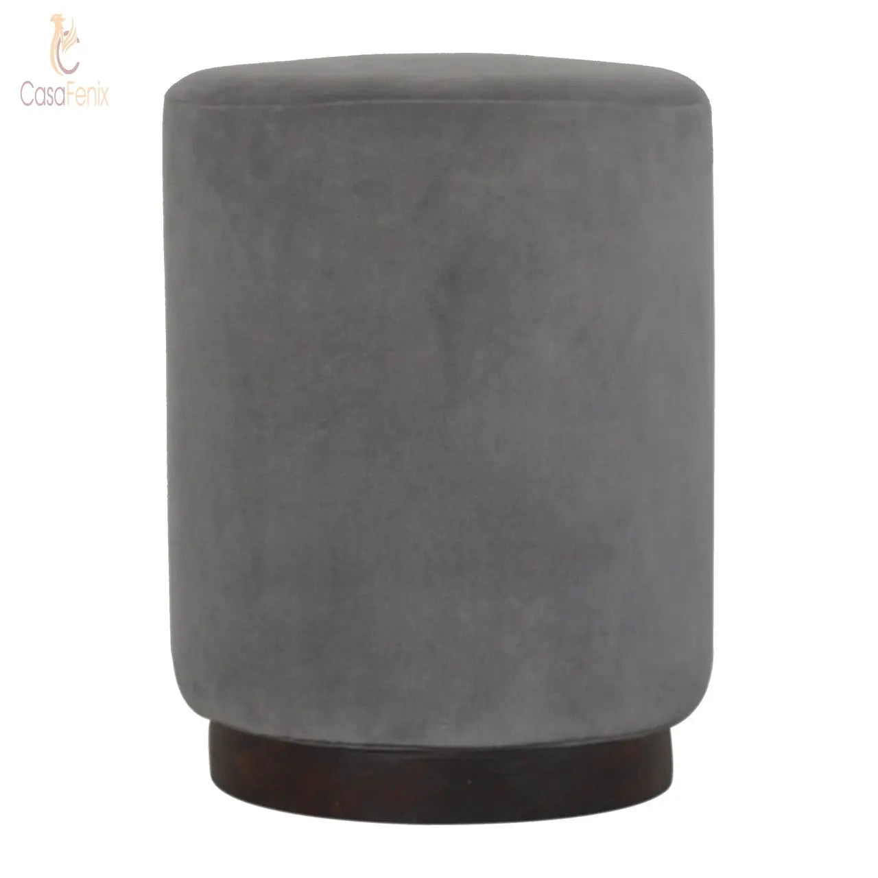 Grey Velvet Footstool with Wooden Base - CasaFenix