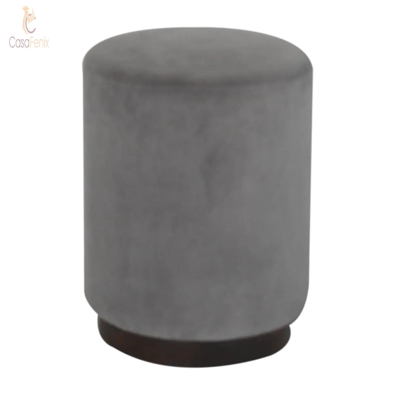 Grey Velvet Footstool with Wooden Base - CasaFenix