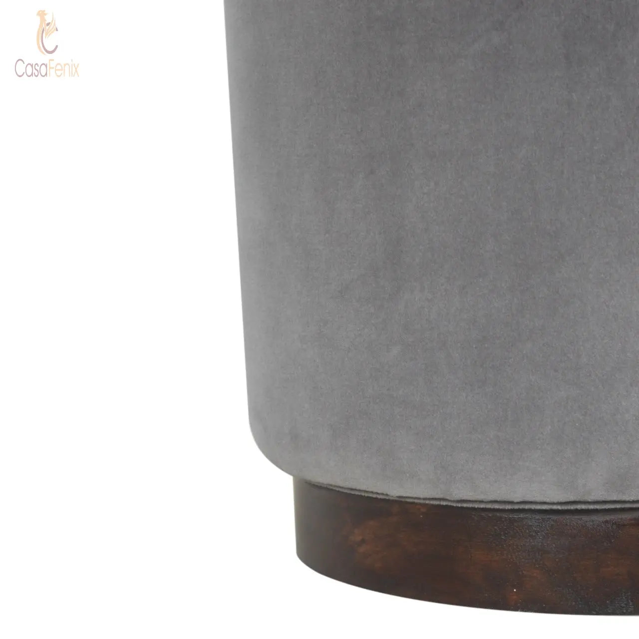 Grey Velvet Footstool with Wooden Base - CasaFenix