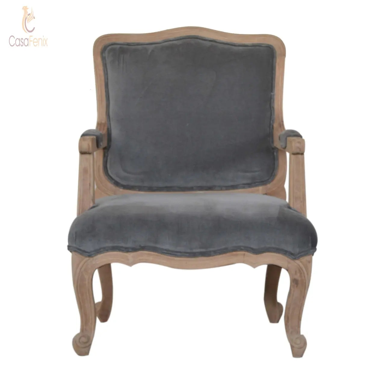 Grey Velvet French Style Chair upholstered in a grey cotton velvet fabric - CasaFenix