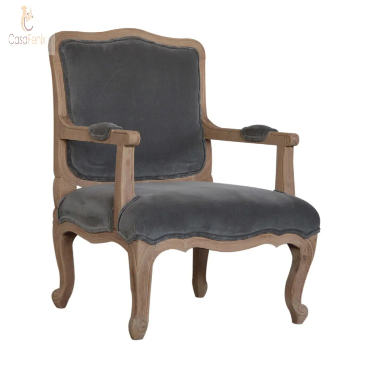 Grey Velvet French Style Chair upholstered in a grey cotton velvet fabric - CasaFenix