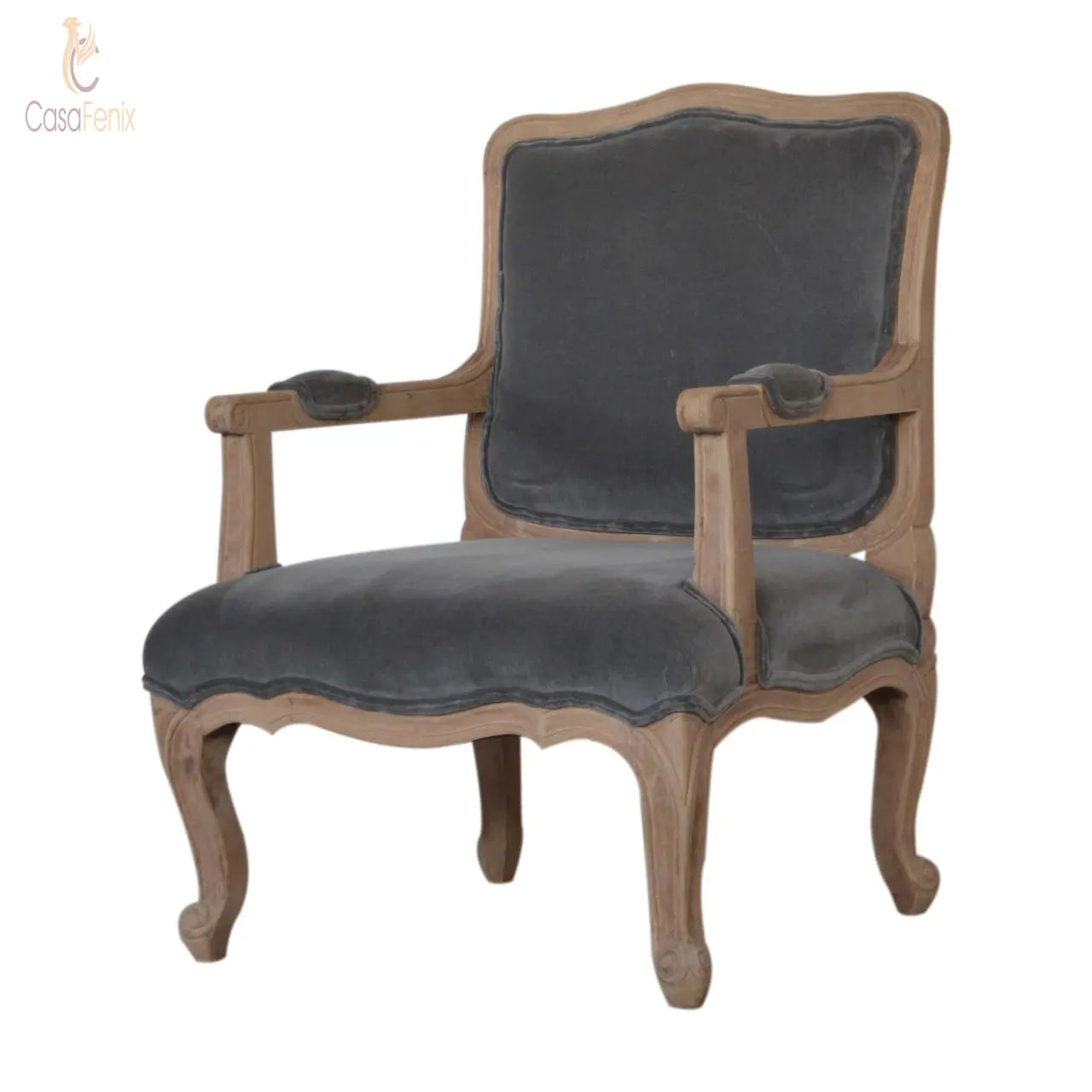 Grey Velvet French Style Chair upholstered in a grey cotton velvet fabric - CasaFenix