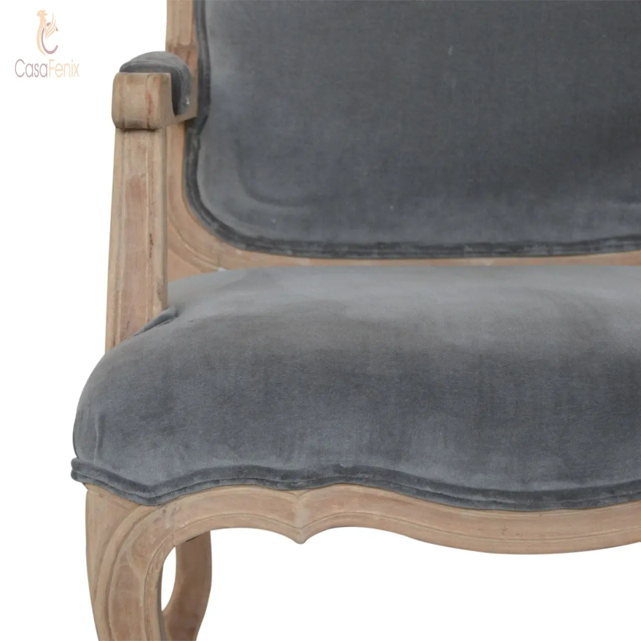 Grey Velvet French Style Chair upholstered in a grey cotton velvet fabric - CasaFenix