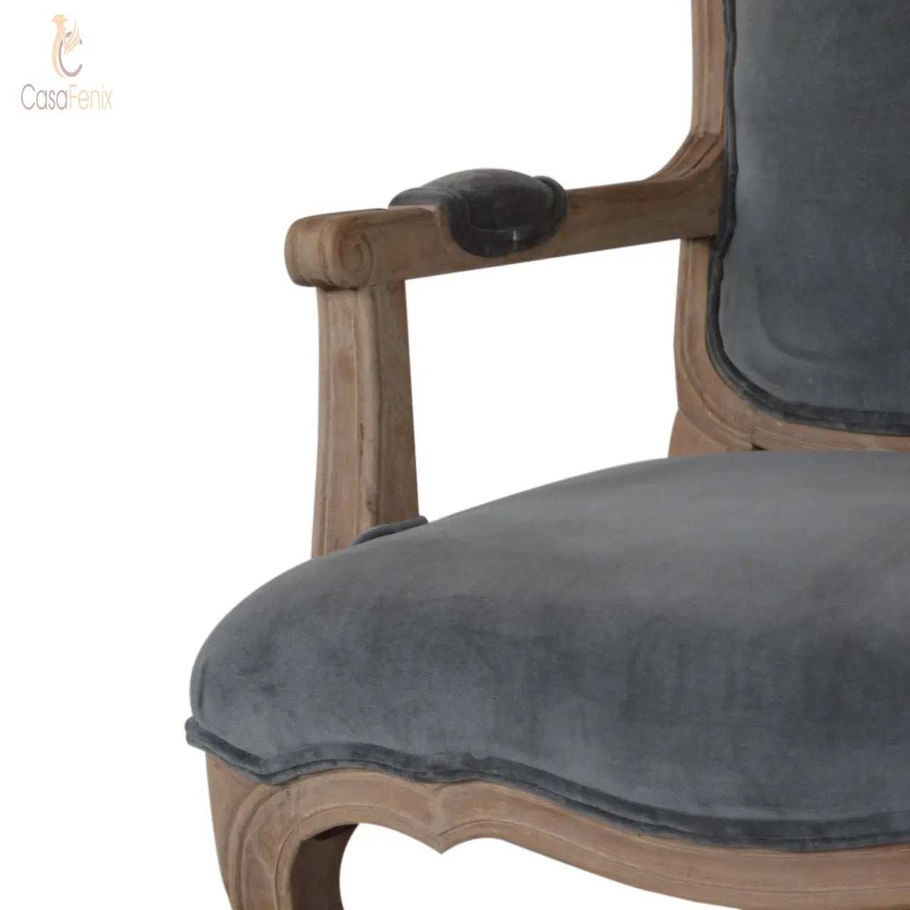 Grey Velvet French Style Chair upholstered in a grey cotton velvet fabric - CasaFenix