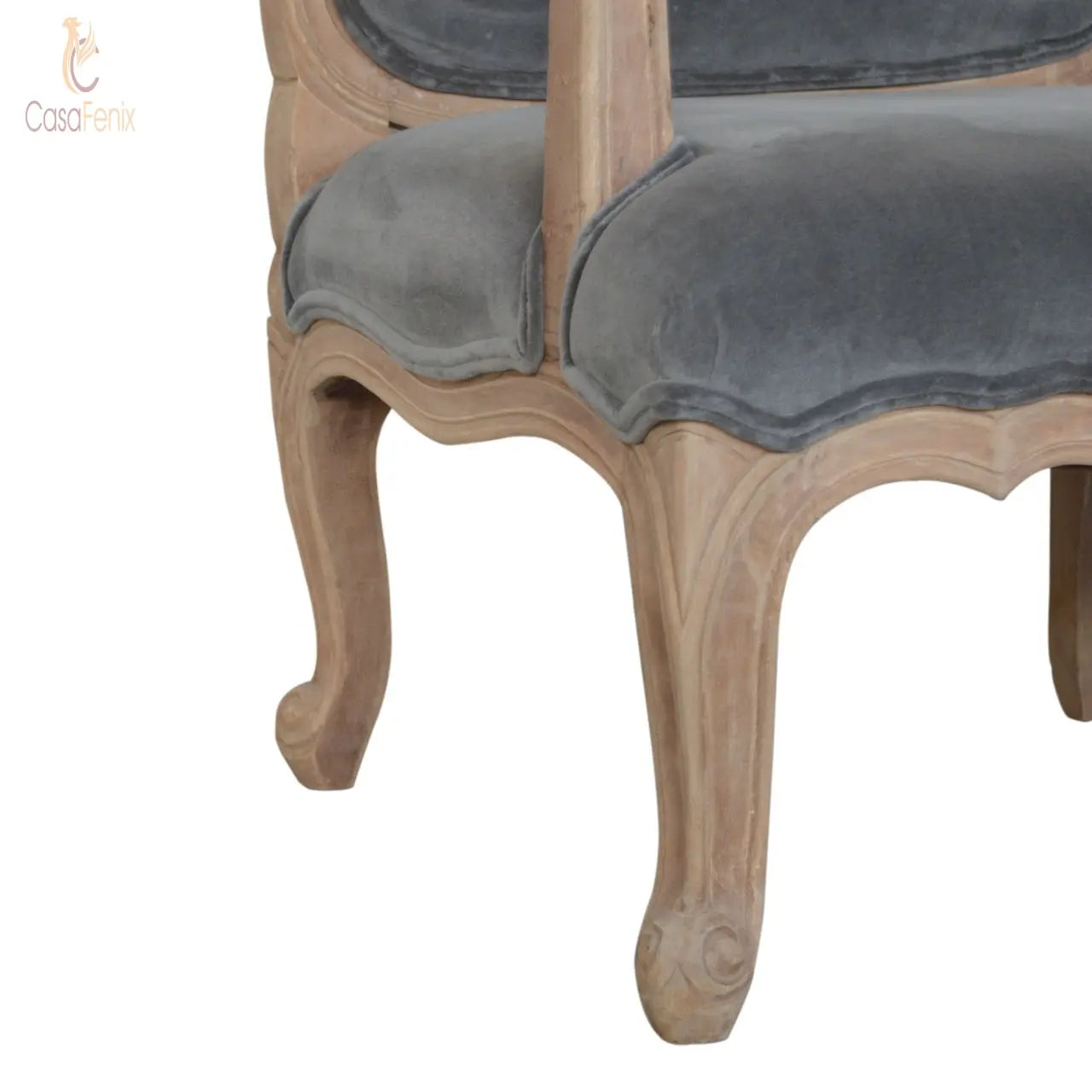 Grey Velvet French Style Chair upholstered in a grey cotton velvet fabric - CasaFenix