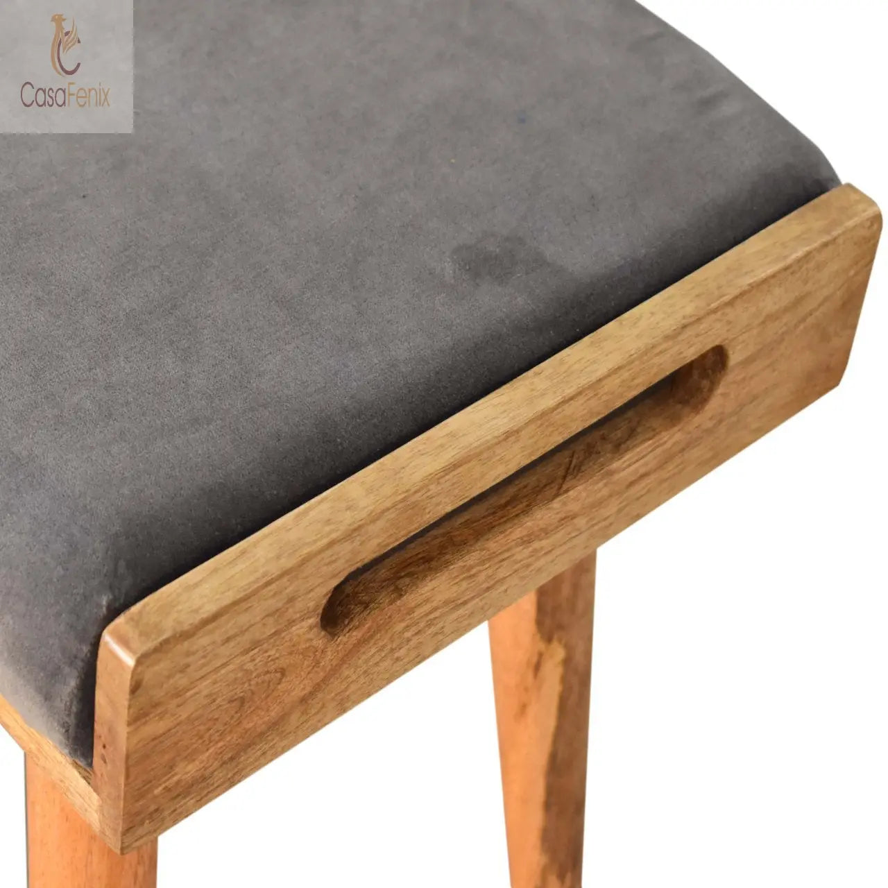 Grey Velvet Tray Nordic Style Grey Footstool Solid Mango Wood - CasaFenix