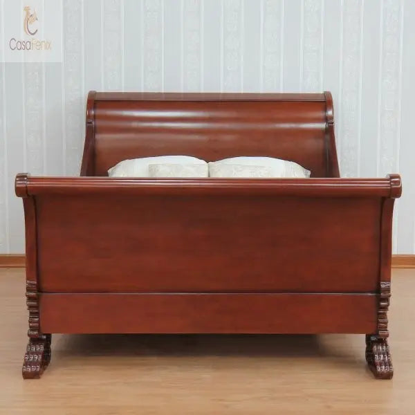 High Detail Quality French Sleigh Bed Solid Mahogany with High Gloss Finish - CasaFenix