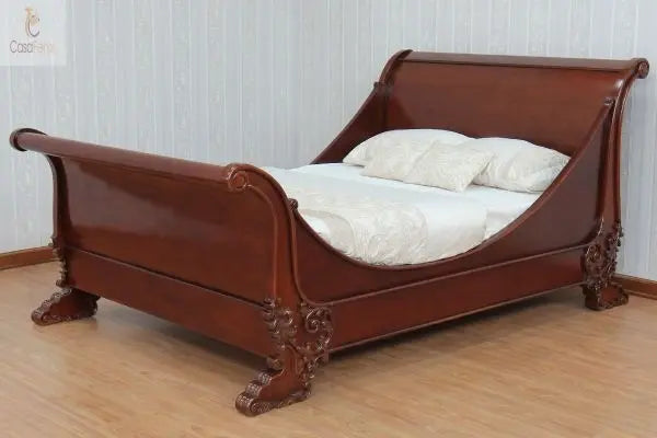 High Detail Quality French Sleigh Bed Solid Mahogany with High Gloss Finish - CasaFenix