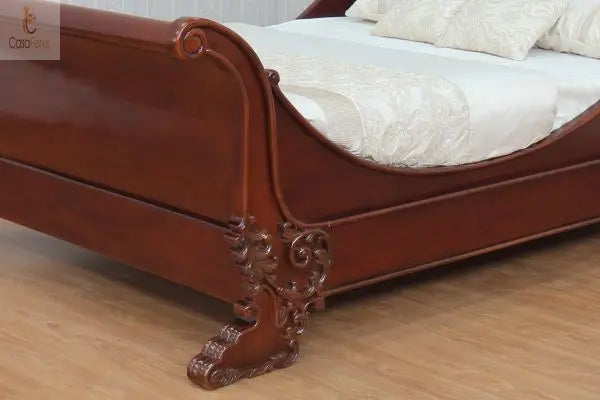 High Detail Quality French Sleigh Bed Solid Mahogany with High Gloss Finish - CasaFenix