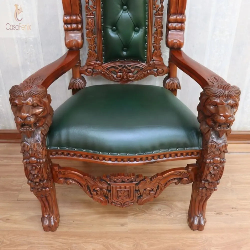 Huge Throne Arm Chair Antique Reproduction Leather & Solid Mahogany CasaFenix