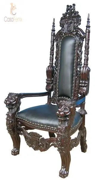 Huge Throne Arm Chair Antique Reproduction Leather & Solid Mahogany CasaFenix