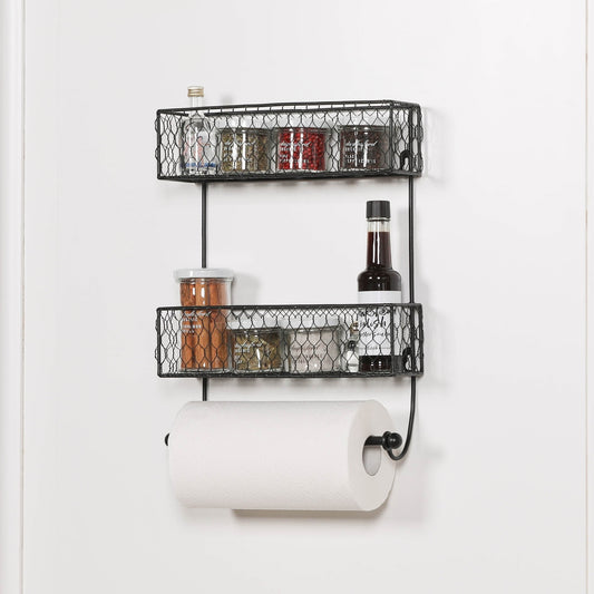 Black Wall Spice Rack with Kitchen Roll Holder Side Table CasaFenix