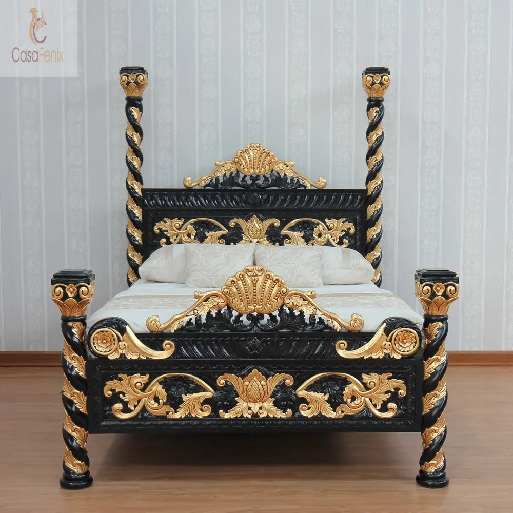 Italian Antique Style Venetian Heavily Carved Bed - CasaFenix