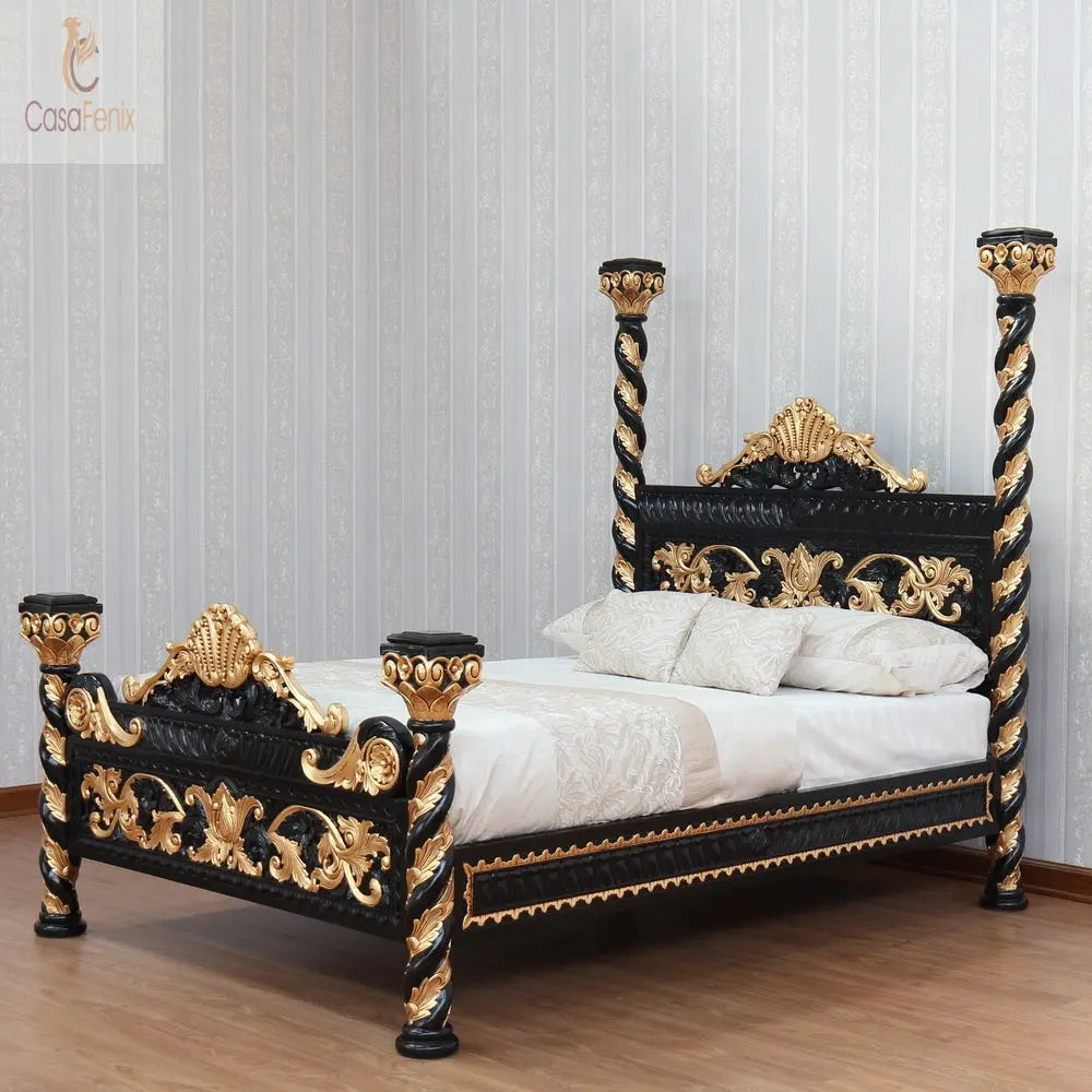 Italian Antique Style Venetian Heavily Carved Bed - CasaFenix