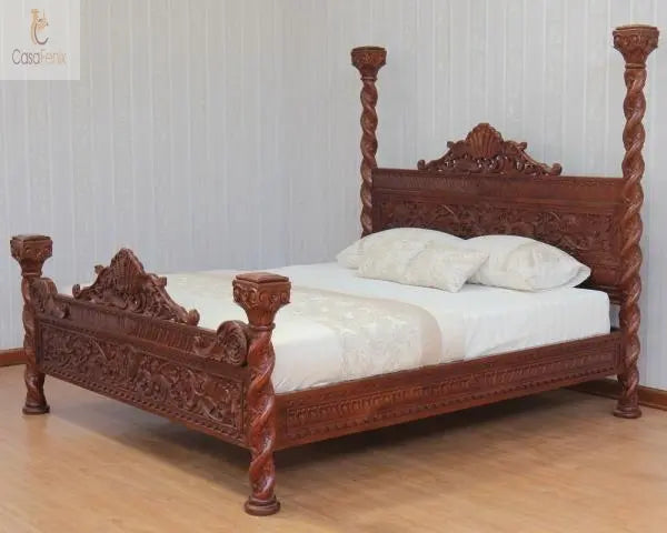 Italian Antique Style Venetian Heavily Carved Bed - CasaFenix