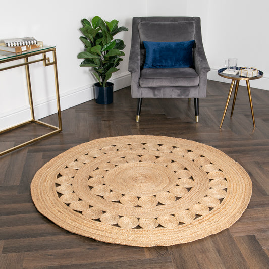 Circle Pattern Round Jute Rug 150cm Diameter Rugs CasaFenix