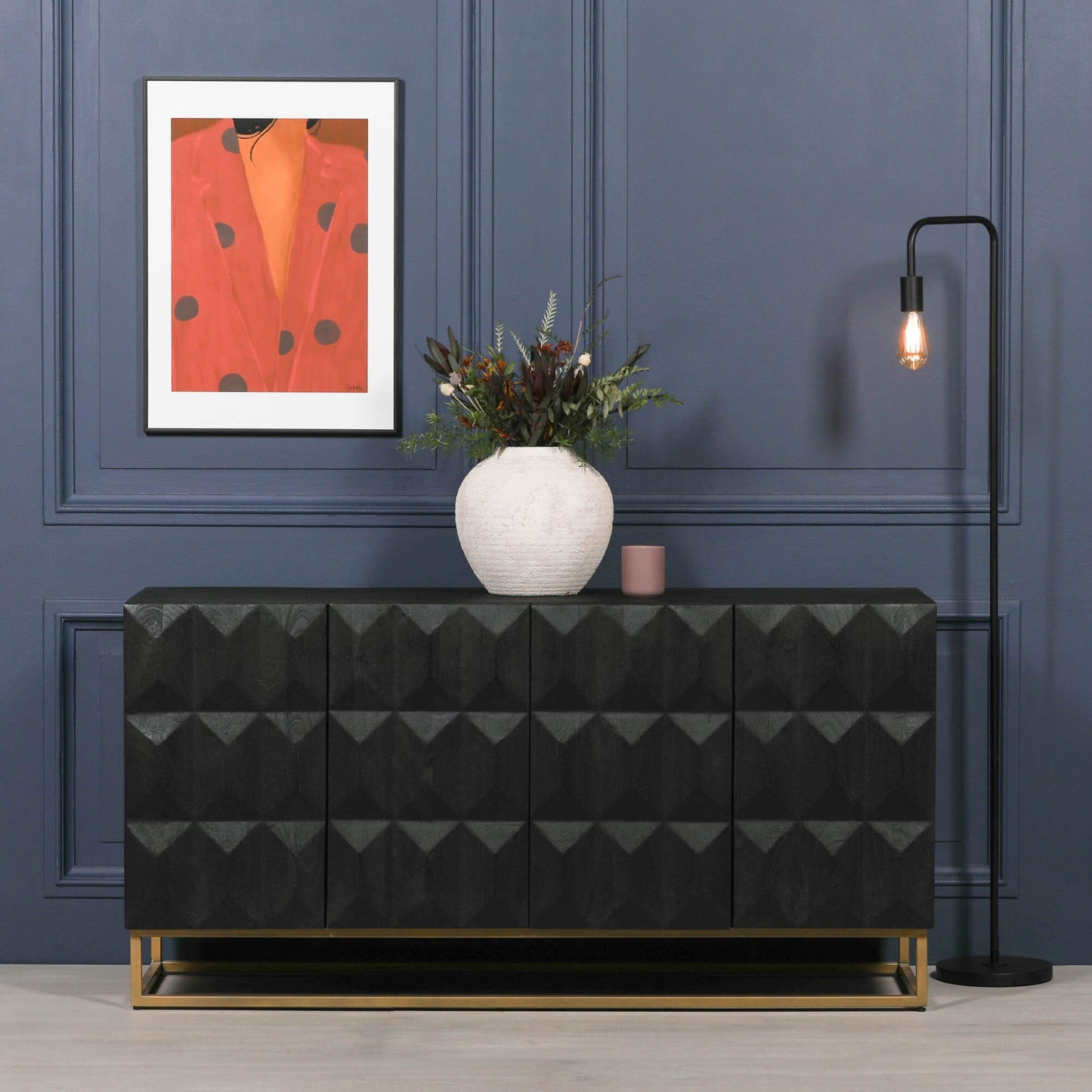 Black Wooden Diamond Pattern Sideboard Side Table CasaFenix