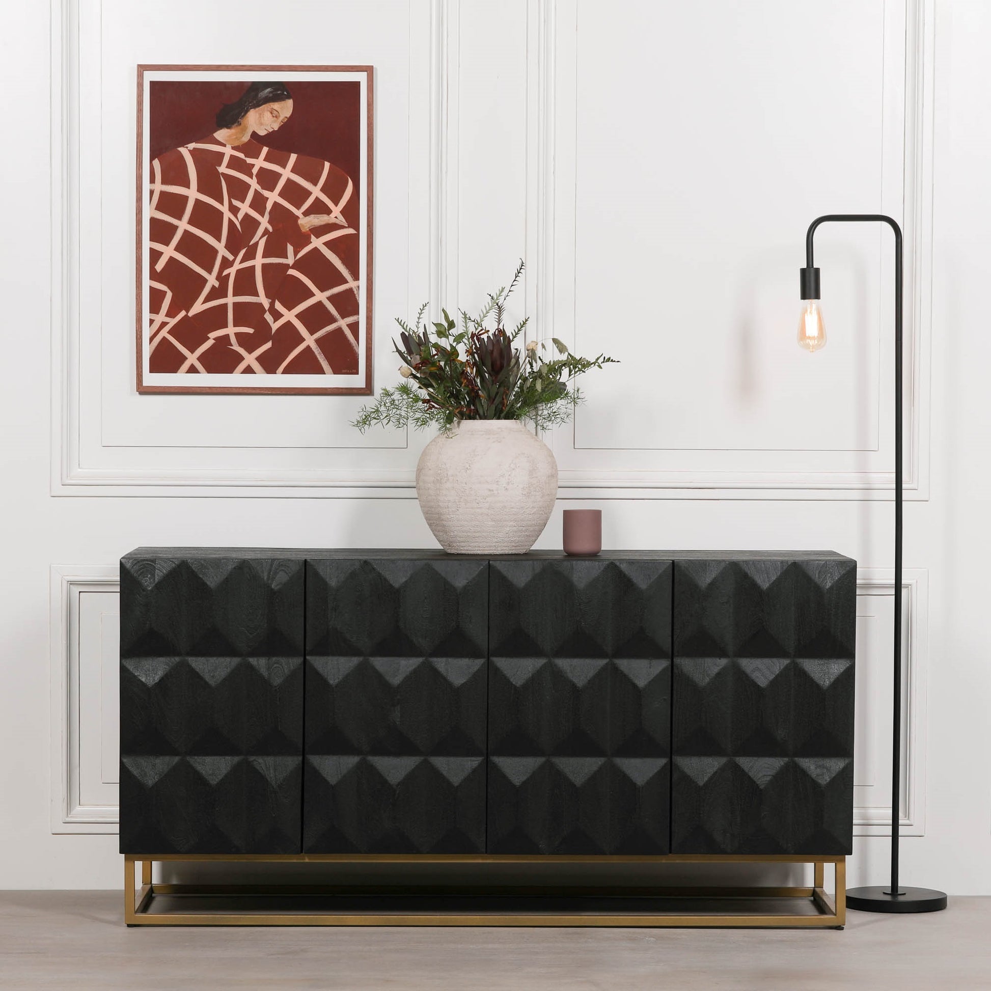 Black Wooden Diamond Pattern Sideboard Side Table CasaFenix