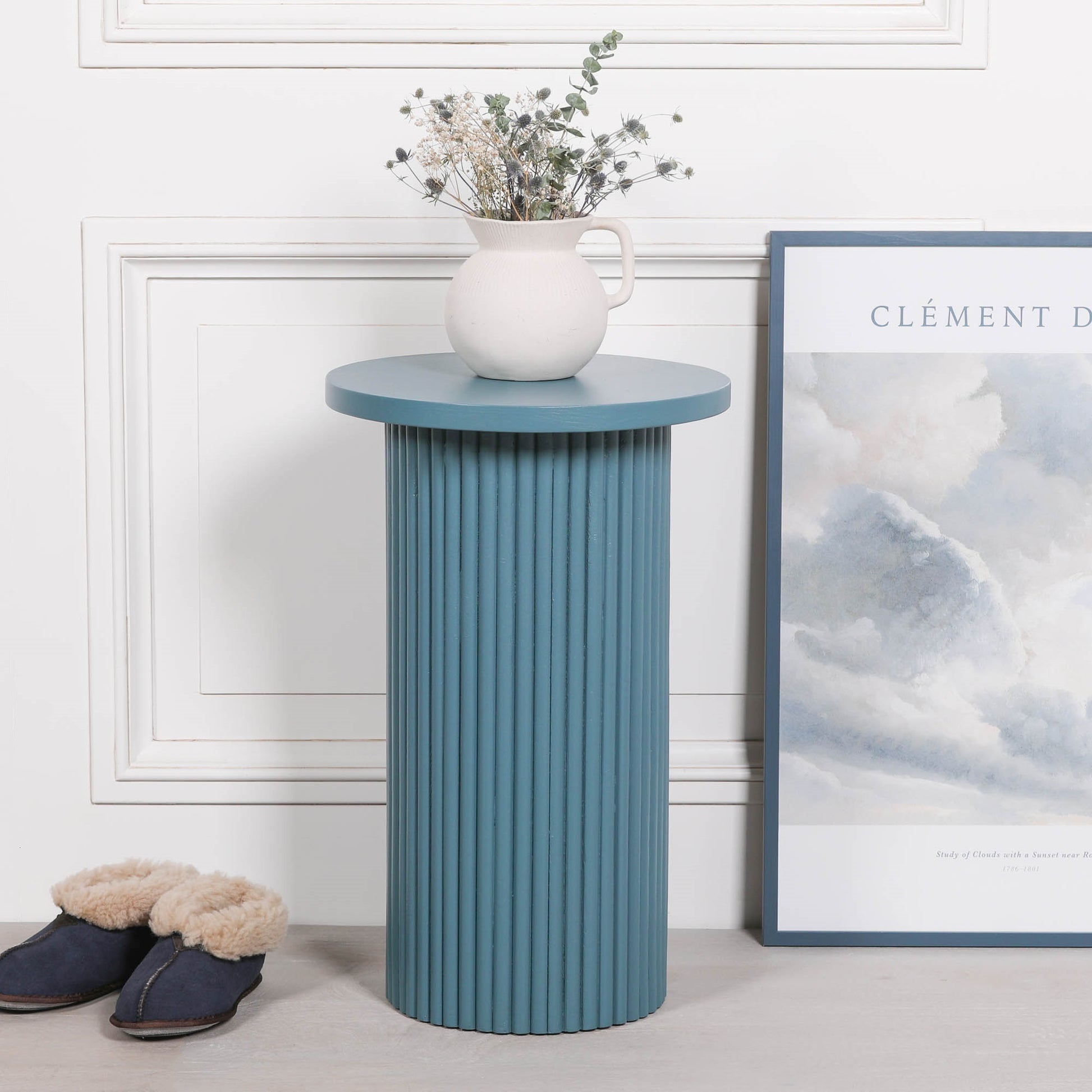 Ribbed Ocean Blue Round Side Occasional Table Side Table CasaFenix