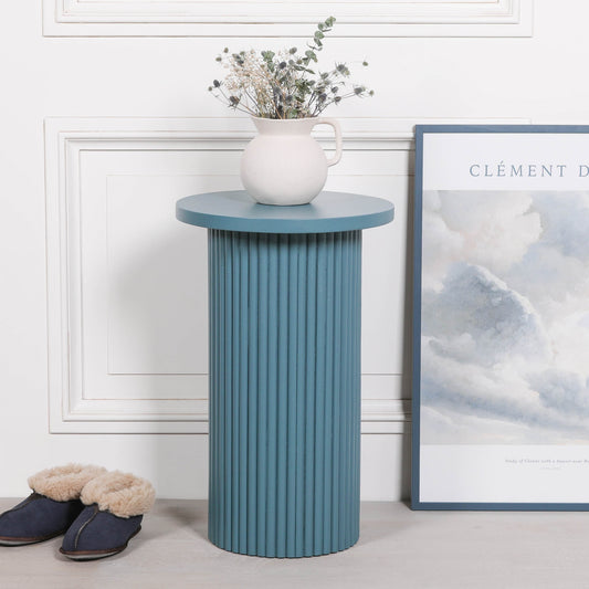 Ribbed Ocean Blue Round Side Occasional Table Side Table CasaFenix