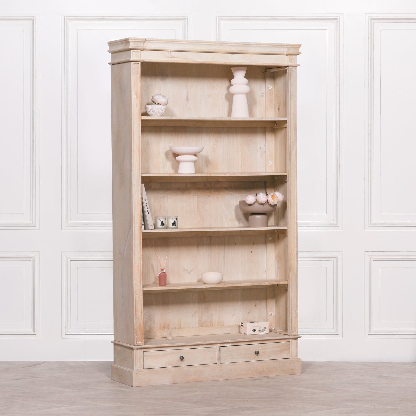 Blanche Wooden Rustic Single Open Bookcase with Drawers CasaFenix