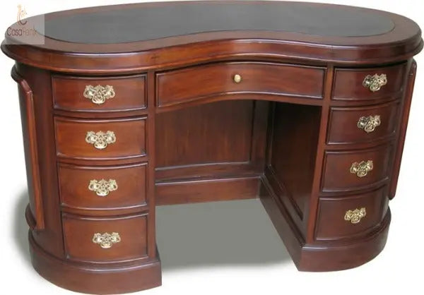 Kidney Shaped 9 Drawer Writing Desk Solid Mahogany Leather Top Antique Reproduction CasaFenix