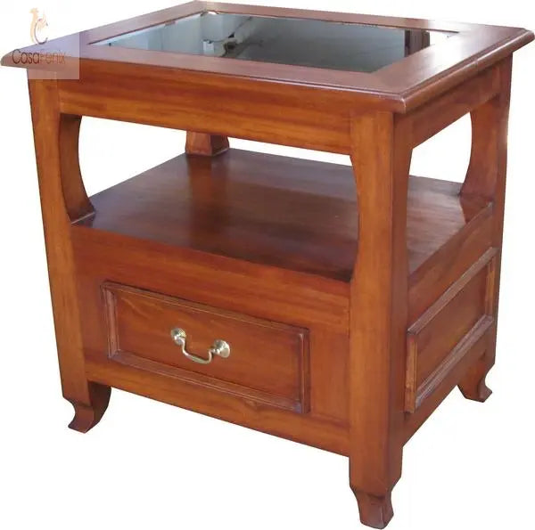 Glass Top Solid mahogany 1 Drawer Side / Lamp Table - CasaFenix