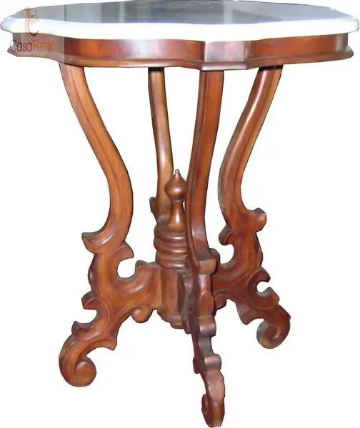 Marble Top Solid Mahogany Round Side / Lamp Table - CasaFenix