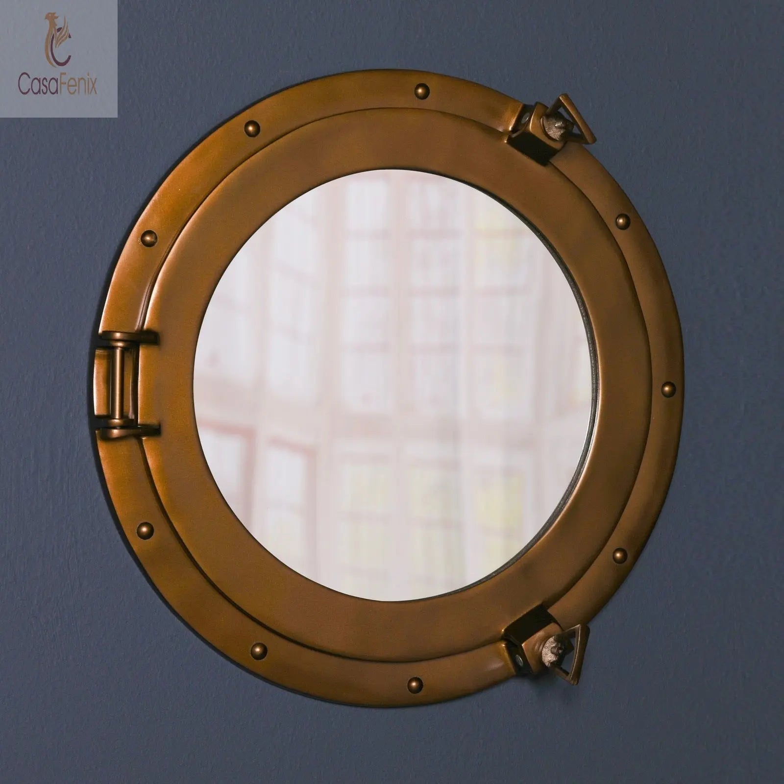 Large Antiqued Brass Style Port Hole Mirror - CasaFenix