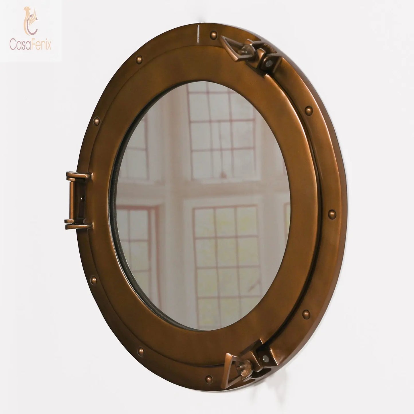 Large Antiqued Brass Style Port Hole Mirror - CasaFenix