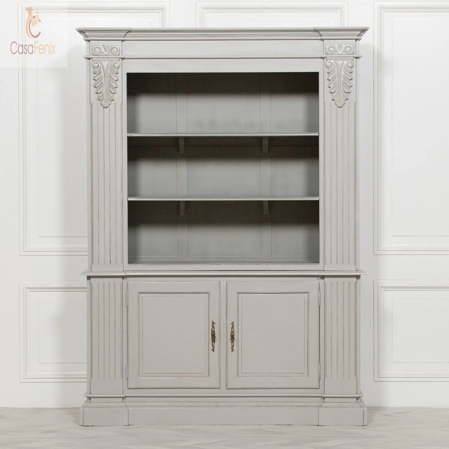 Large Grey Painted Mahogany Classic Styled Open Bookcase Carved Columns - CasaFenix