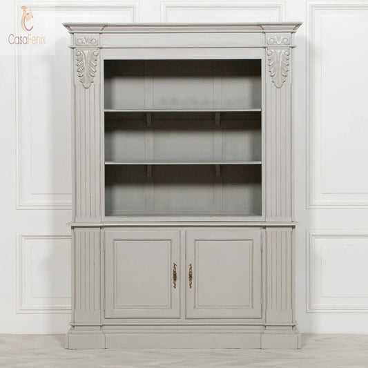 Large Grey Painted Mahogany Classic Styled Open Bookcase Carved Columns - CasaFenix