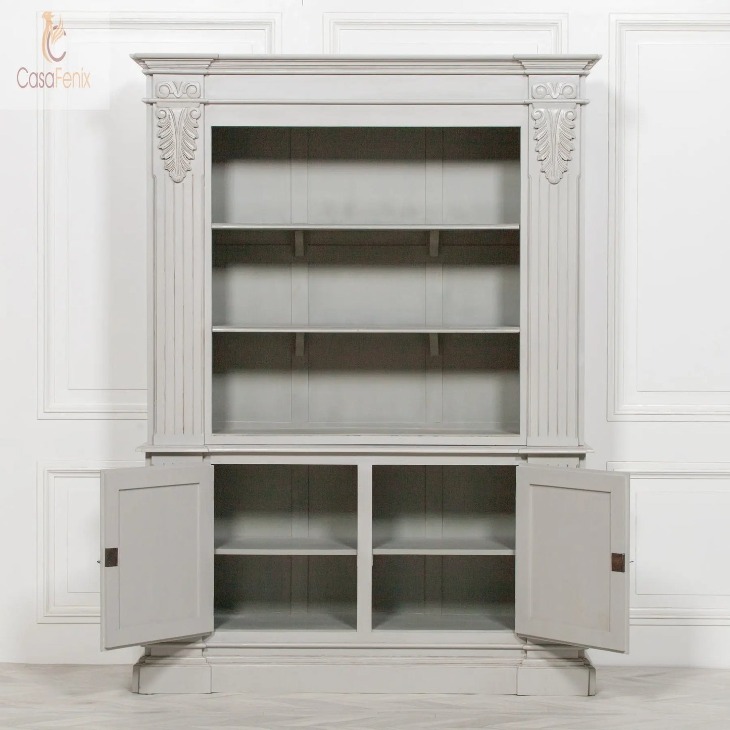 Large Grey Painted Mahogany Classic Styled Open Bookcase Carved Columns - CasaFenix