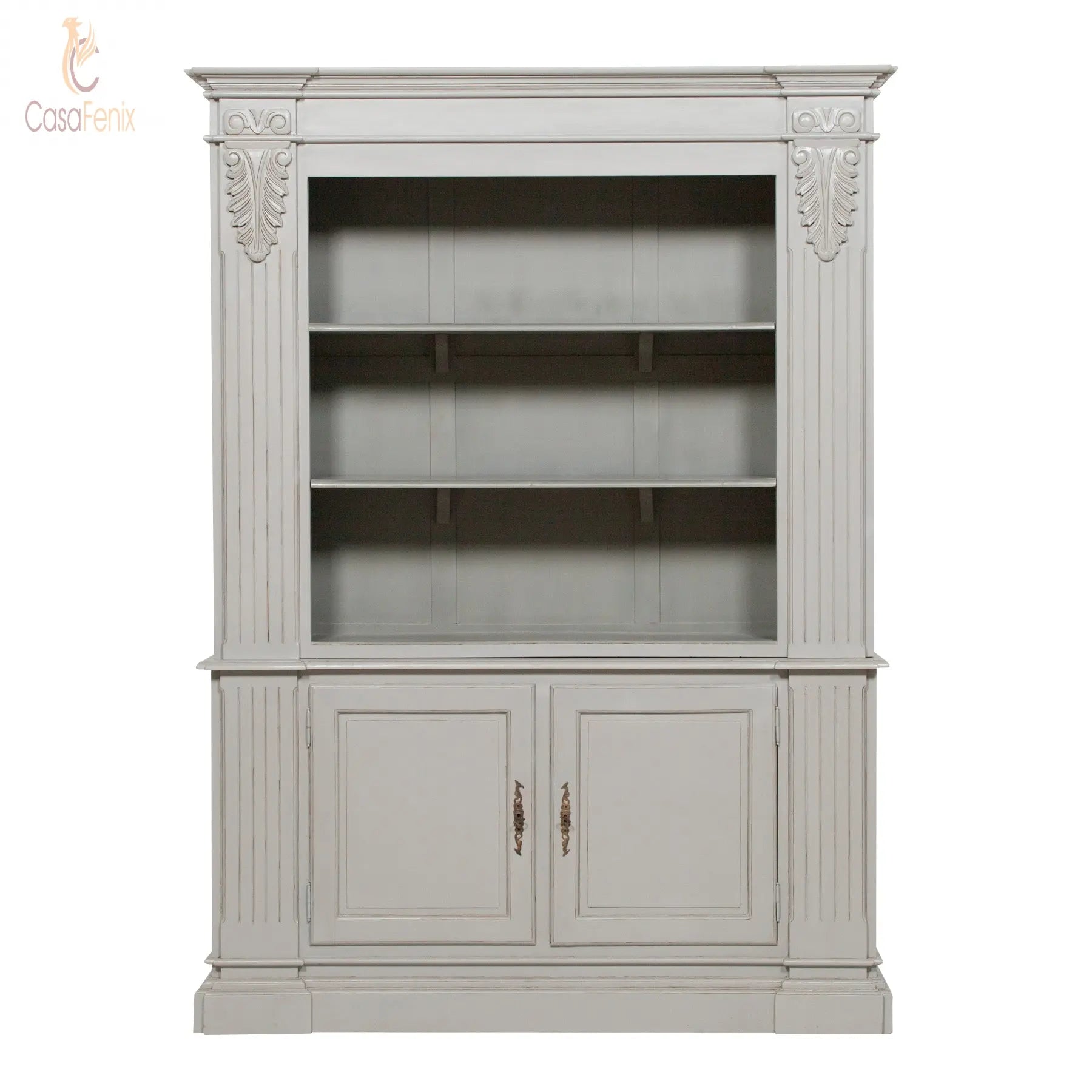 Large Grey Painted Mahogany Classic Styled Open Bookcase Carved Columns - CasaFenix