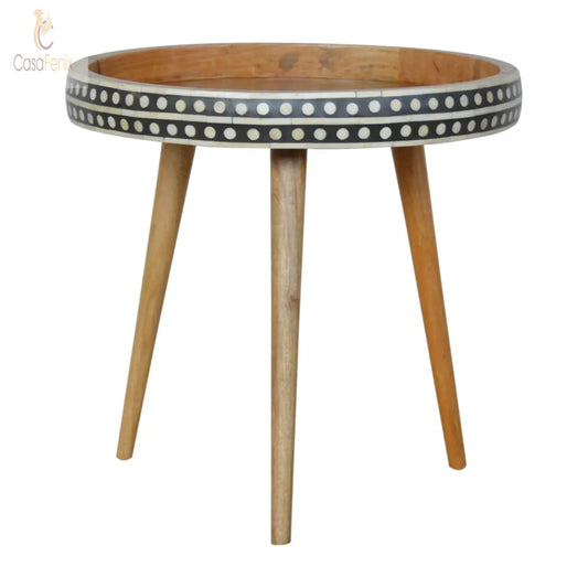 Large Patterned Nordic Style End Table Bone Inlaid Oak-Ish Finish Solid Wood - CasaFenix